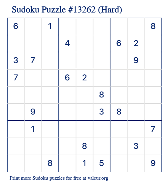 Free Printable Hard Sudoku Puzzle number 13262