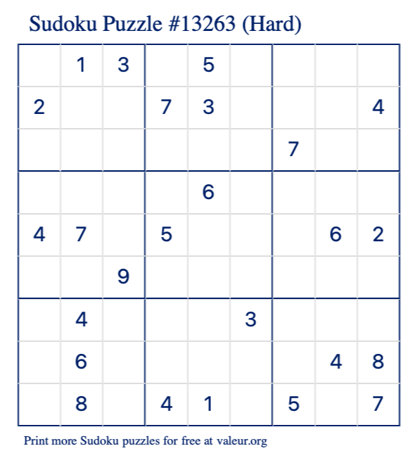 Free Printable Hard Sudoku Puzzle number 13263