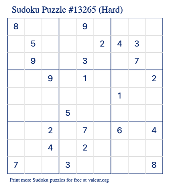 Free Printable Hard Sudoku Puzzle number 13265