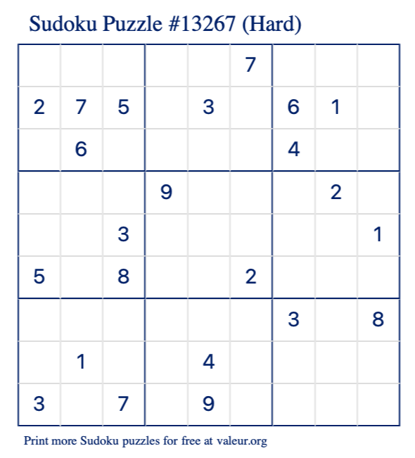 Free Printable Hard Sudoku Puzzle number 13267