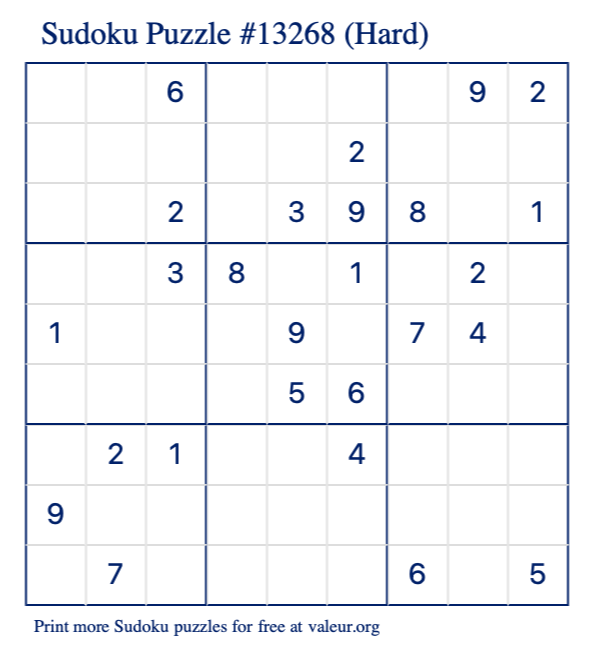 Free Printable Hard Sudoku Puzzle number 13268