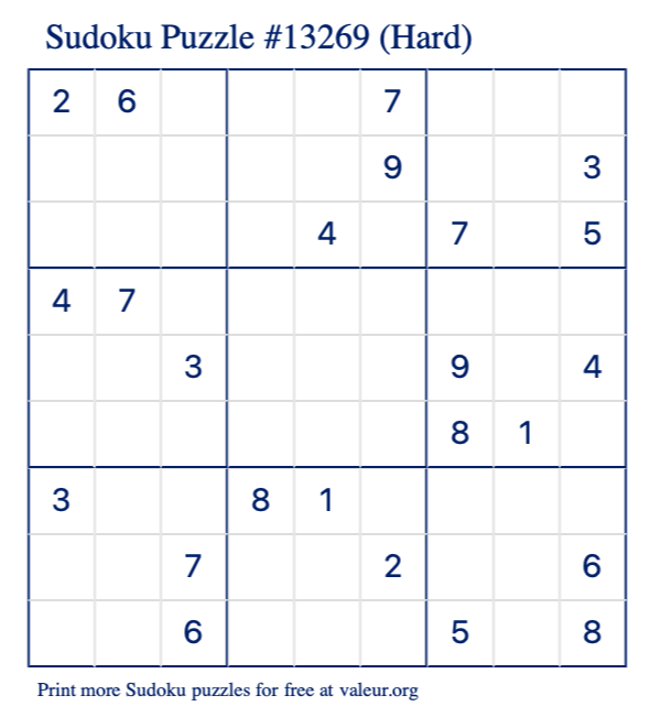 Free Printable Hard Sudoku Puzzle number 13269