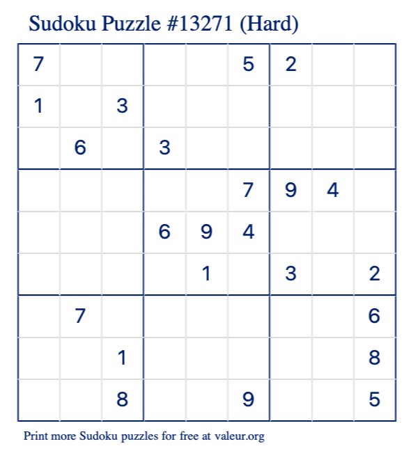 Free Printable Hard Sudoku Puzzle number 13271