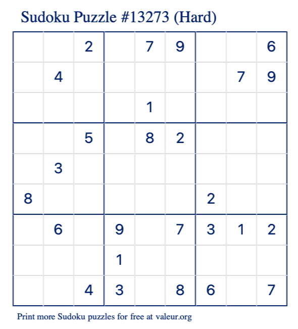 Free Printable Hard Sudoku Puzzle number 13273