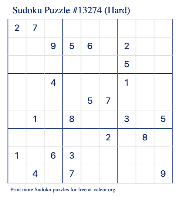 Free Printable Hard Sudoku Puzzle number 13274