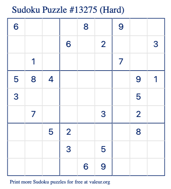 Free Printable Hard Sudoku Puzzle number 13275