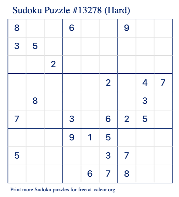 Free Printable Hard Sudoku Puzzle number 13278