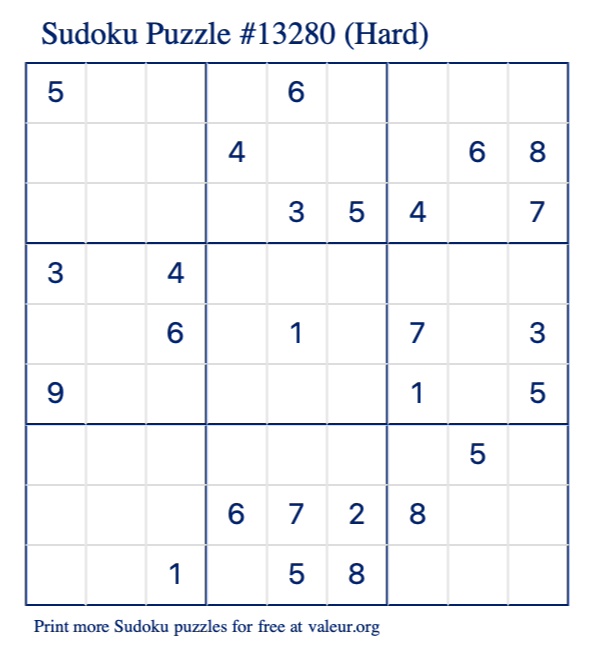 Free Printable Hard Sudoku Puzzle number 13280