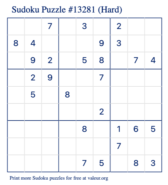 Free Printable Hard Sudoku Puzzle number 13281