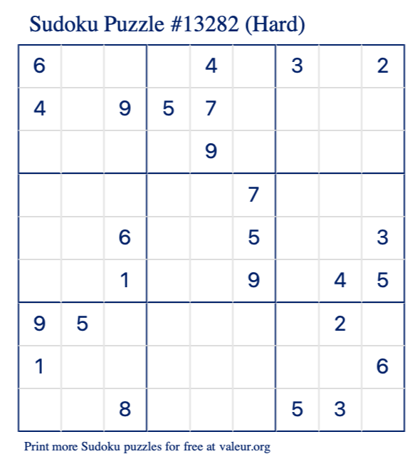 Free Printable Hard Sudoku Puzzle number 13282