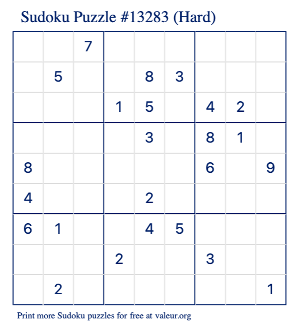 Free Printable Hard Sudoku Puzzle number 13283