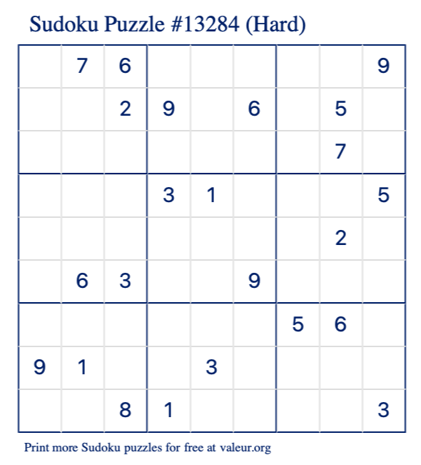 Free Printable Hard Sudoku Puzzle number 13284