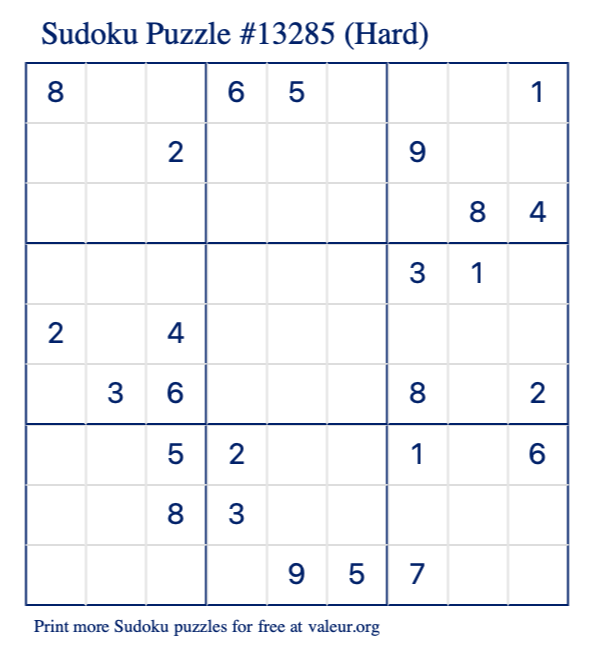 Free Printable Hard Sudoku Puzzle number 13285