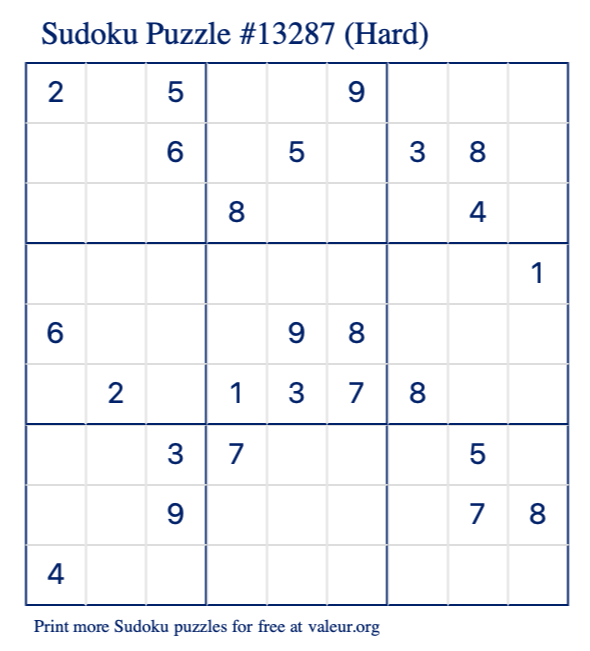 Free Printable Hard Sudoku Puzzle number 13287
