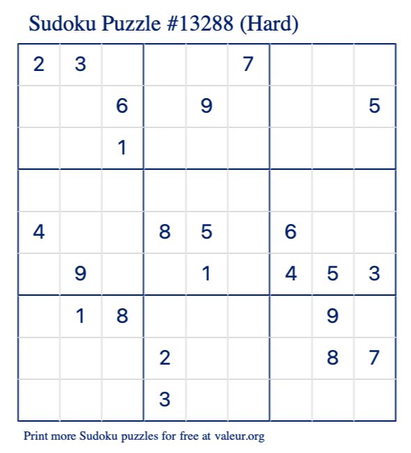 Free Printable Hard Sudoku Puzzle number 13288