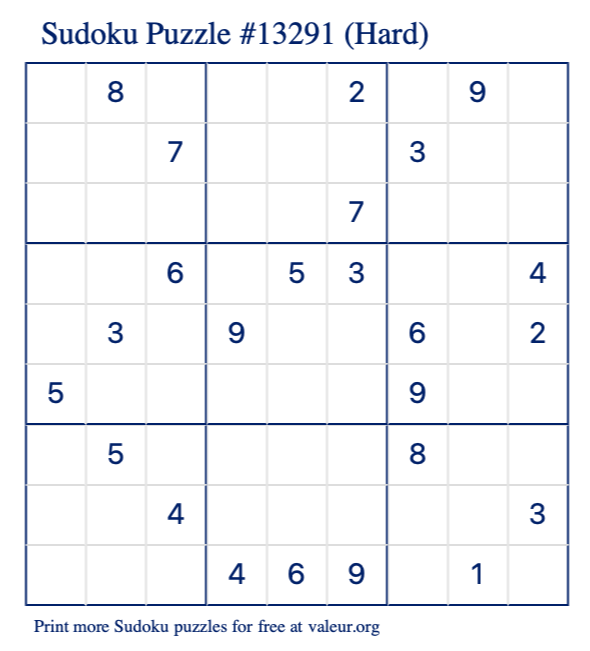 Free Printable Hard Sudoku Puzzle number 13291