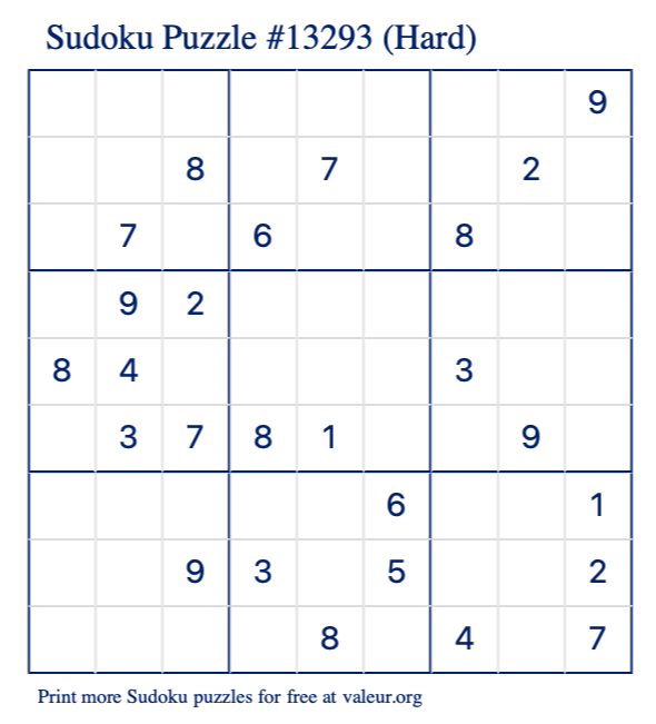 Free Printable Hard Sudoku Puzzle number 13293
