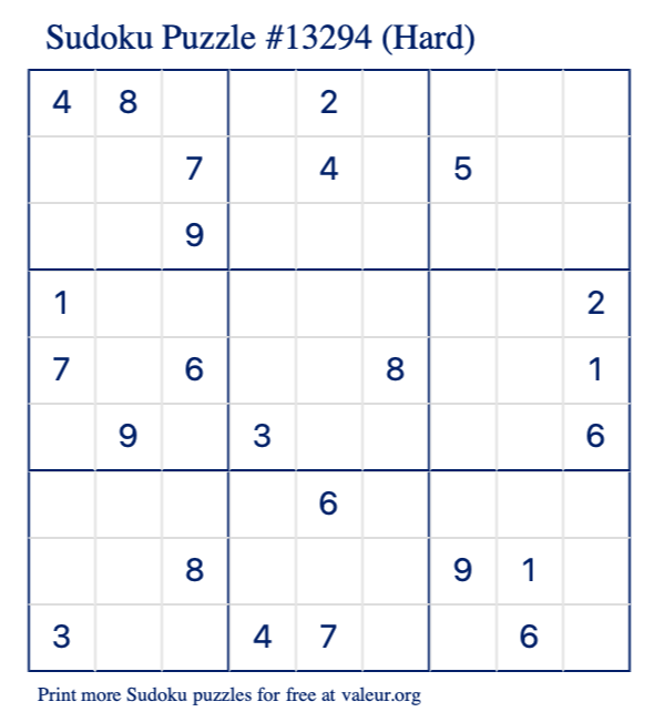 Free Printable Hard Sudoku Puzzle number 13294