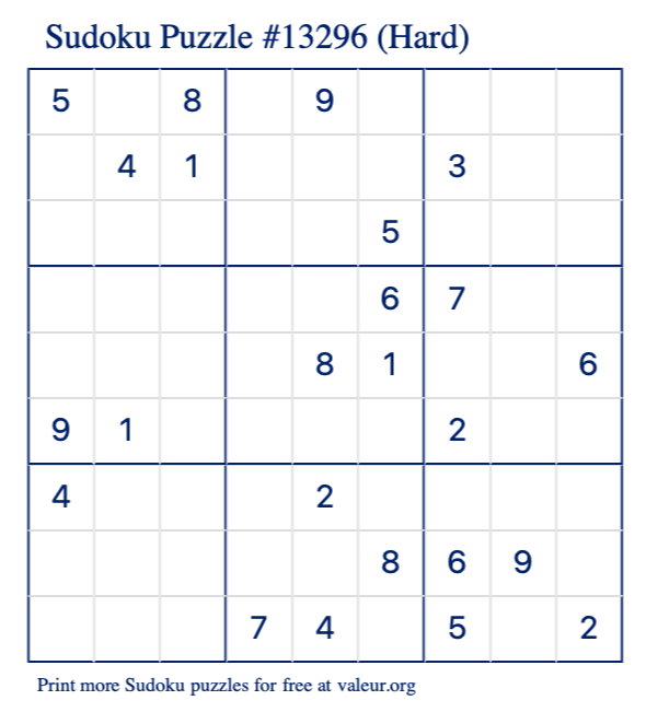 Free Printable Hard Sudoku Puzzle number 13296