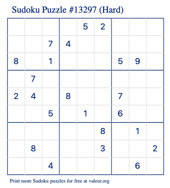 Free Printable Hard Sudoku Puzzle number 13297