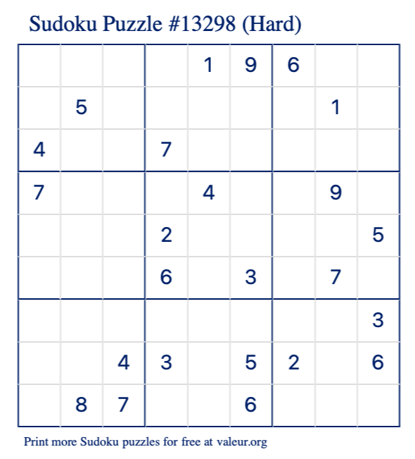 Free Printable Hard Sudoku Puzzle number 13298