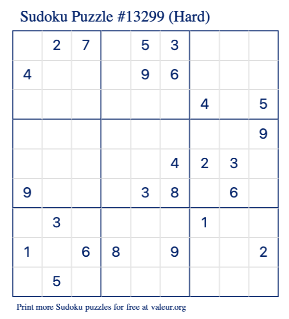 Free Printable Hard Sudoku Puzzle number 13299