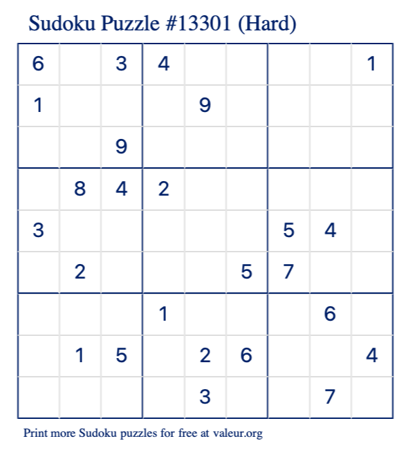 Free Printable Hard Sudoku Puzzle number 13301