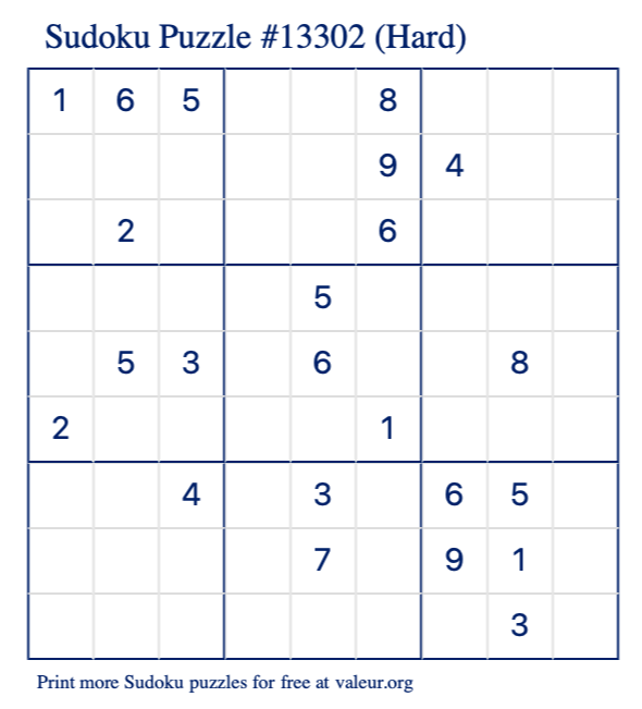 Free Printable Hard Sudoku Puzzle number 13302