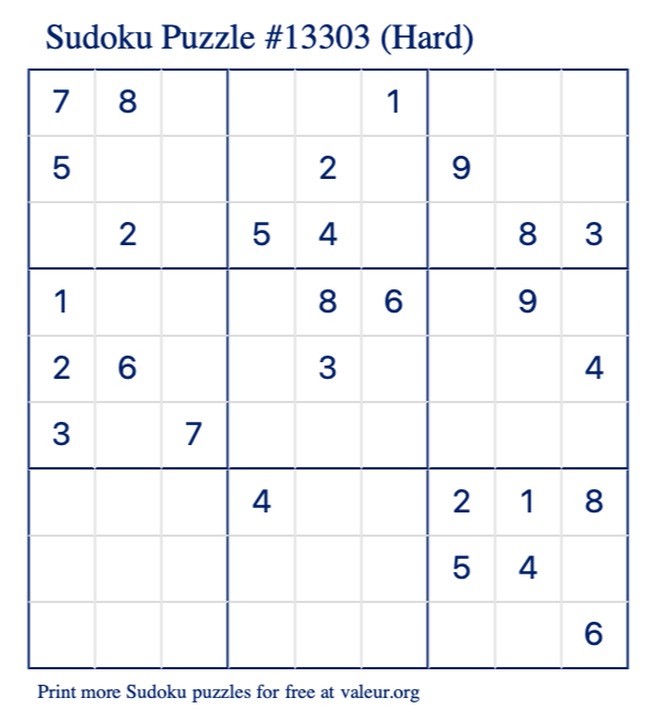 Free Printable Hard Sudoku Puzzle number 13303