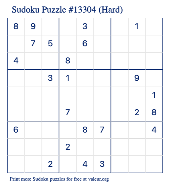 Free Printable Hard Sudoku Puzzle number 13304
