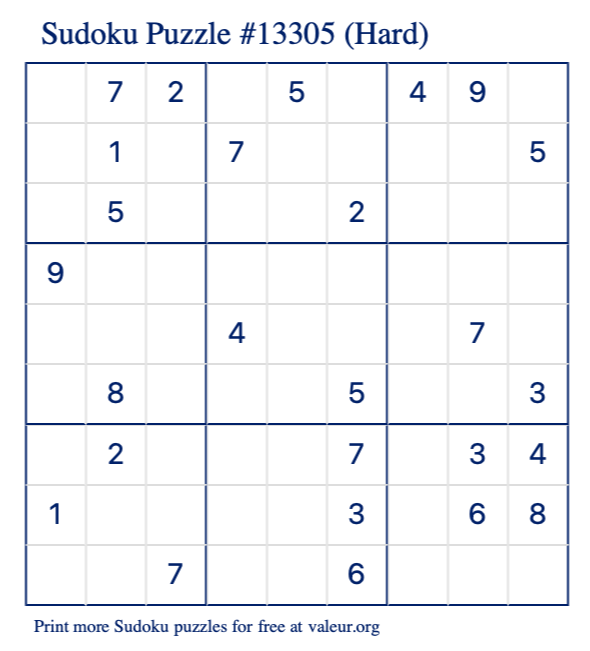 Free Printable Hard Sudoku Puzzle number 13305