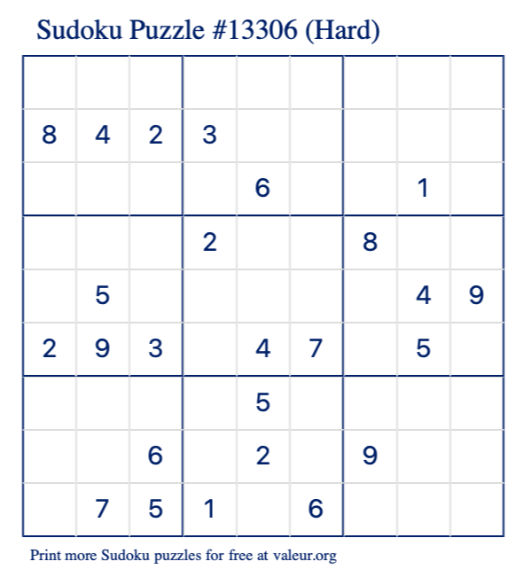 Free Printable Hard Sudoku Puzzle number 13306