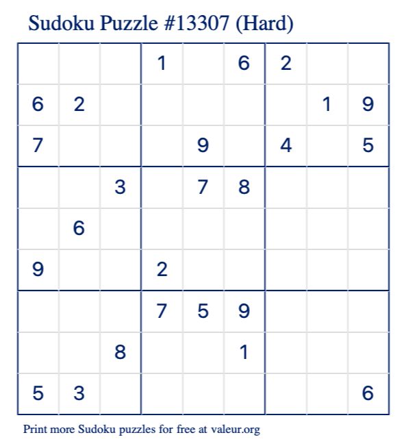 Free Printable Hard Sudoku Puzzle number 13307