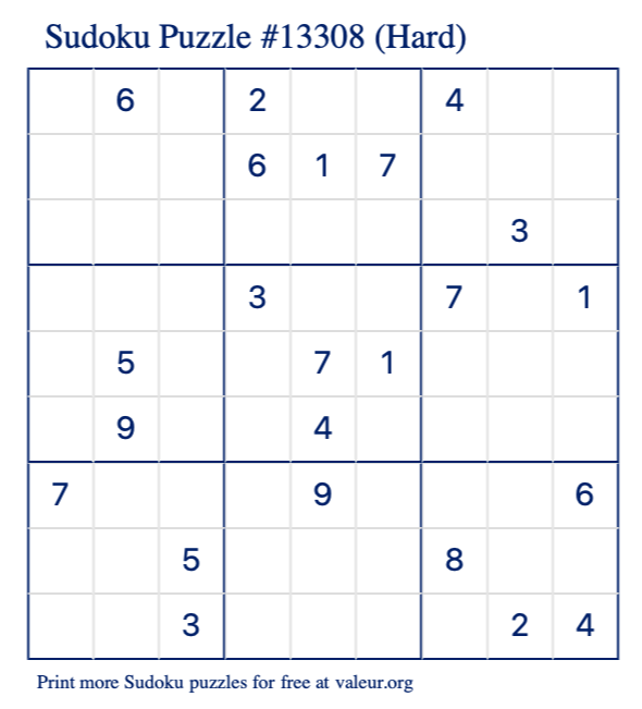 Free Printable Hard Sudoku Puzzle number 13308