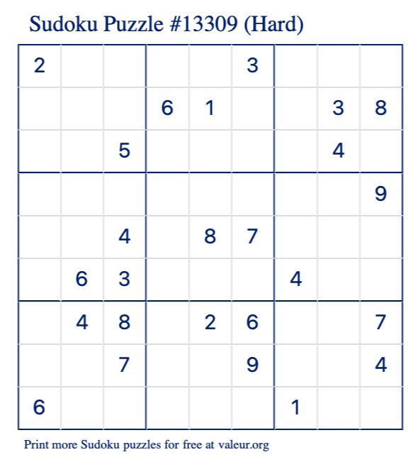Free Printable Hard Sudoku Puzzle number 13309