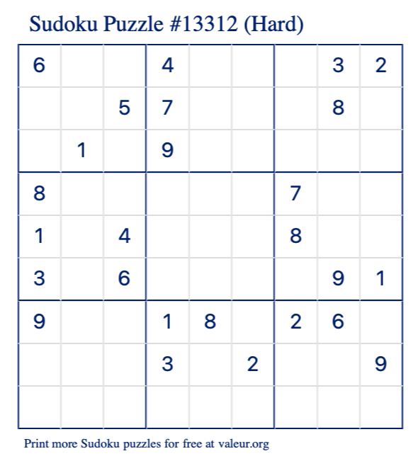 Free Printable Hard Sudoku Puzzle number 13312