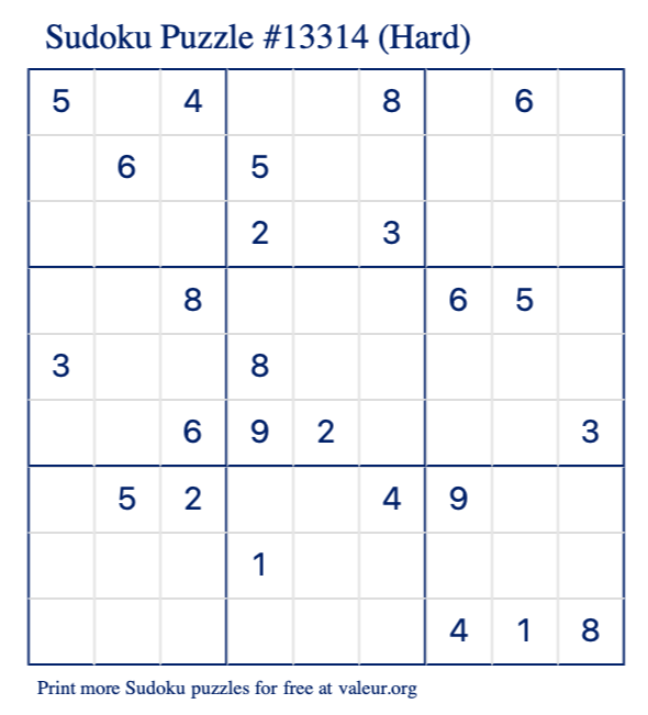 Free Printable Hard Sudoku Puzzle number 13314