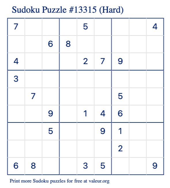 Free Printable Hard Sudoku Puzzle number 13315