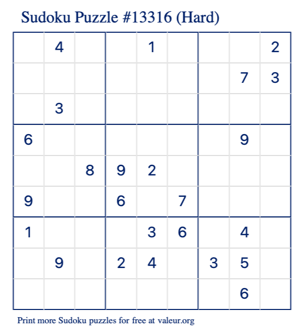 Free Printable Hard Sudoku Puzzle number 13316