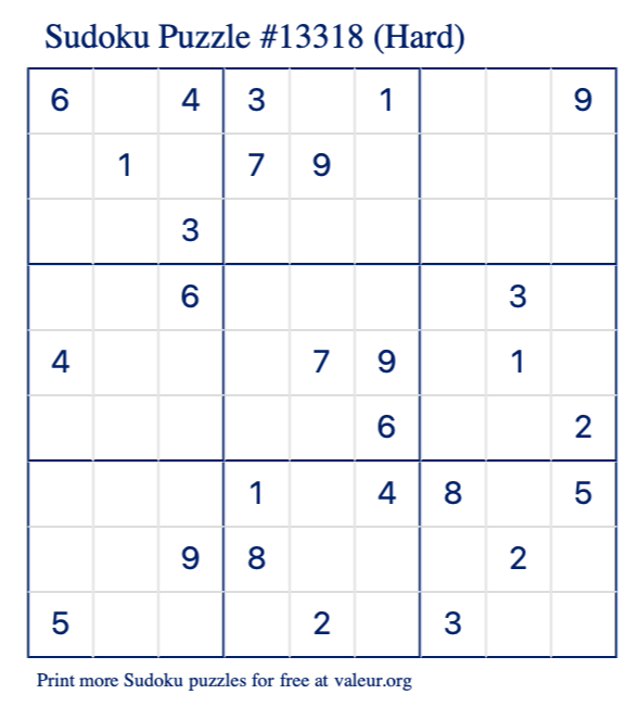 Free Printable Hard Sudoku Puzzle number 13318