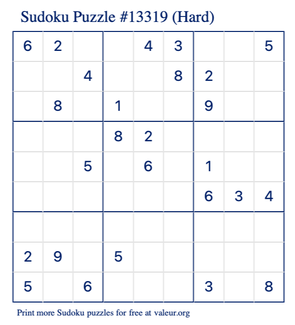 Free Printable Hard Sudoku Puzzle number 13319