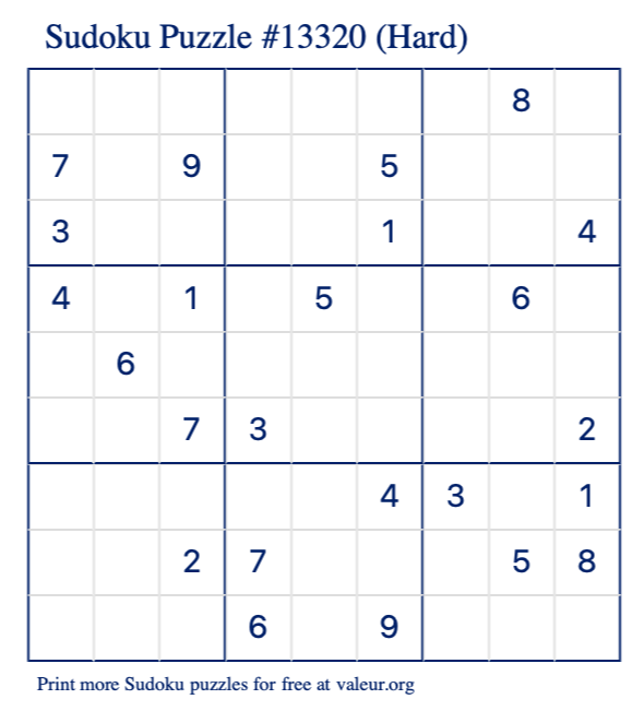 Free Printable Hard Sudoku Puzzle number 13320