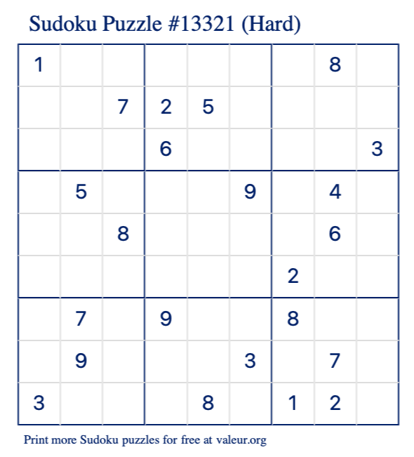 Free Printable Hard Sudoku Puzzle number 13321