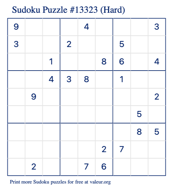 Free Printable Hard Sudoku Puzzle number 13323