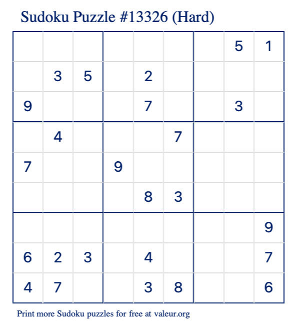 Free Printable Hard Sudoku Puzzle number 13326