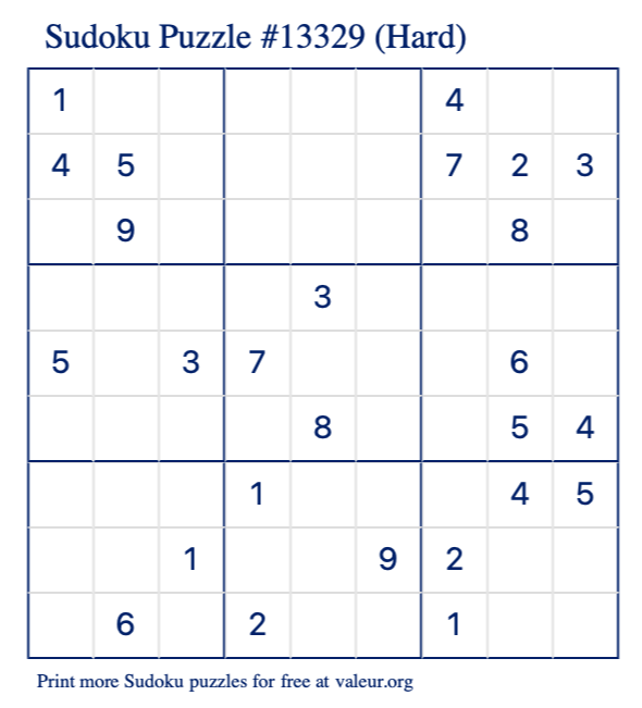 Free Printable Hard Sudoku Puzzle number 13329