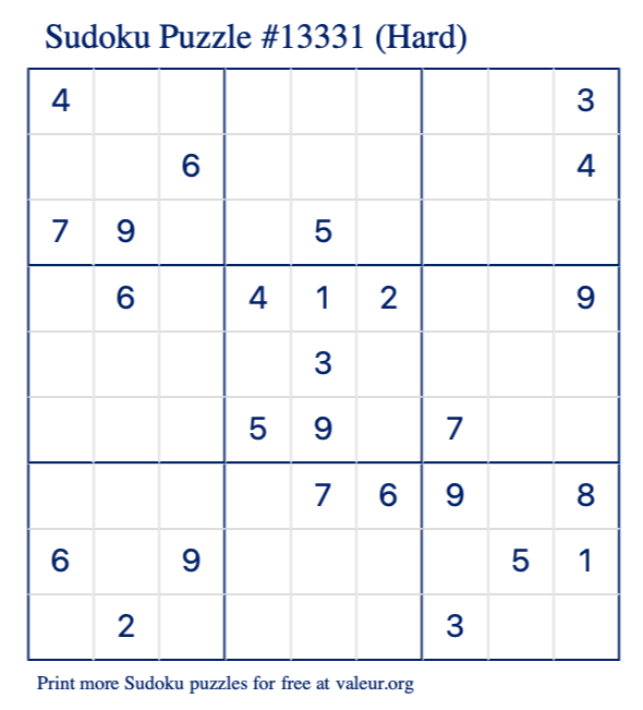 Free Printable Hard Sudoku Puzzle number 13331