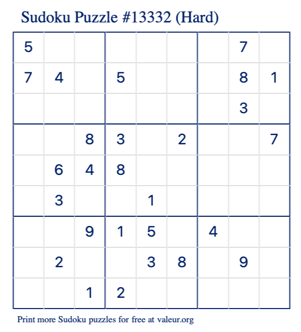 Free Printable Hard Sudoku Puzzle number 13332