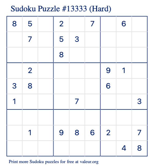 Free Printable Hard Sudoku Puzzle number 13333