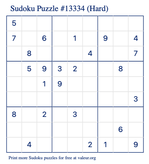 Free Printable Hard Sudoku Puzzle number 13334
